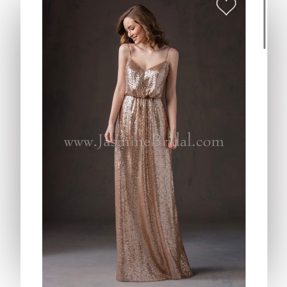 Belsoie Long V Neck Sequin Bridesmaid Dress with Spaghetti Straps Light Gold